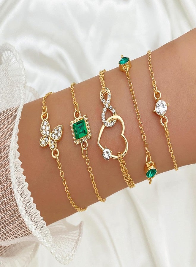 IFKM Gold Bracelets For Women, 14k Gold Plated Layeard Jewelry Bangle Bracelet Set, Trendy Thin Dainty Emerald Rhinestone Stackable Link Chain Fashion Accessories Gifts (Butterfly heart) - Image 2